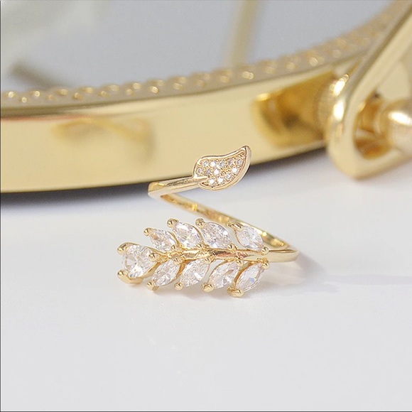 14K Gold Plated Diamond Leaf Ring - Picture 2 of 9